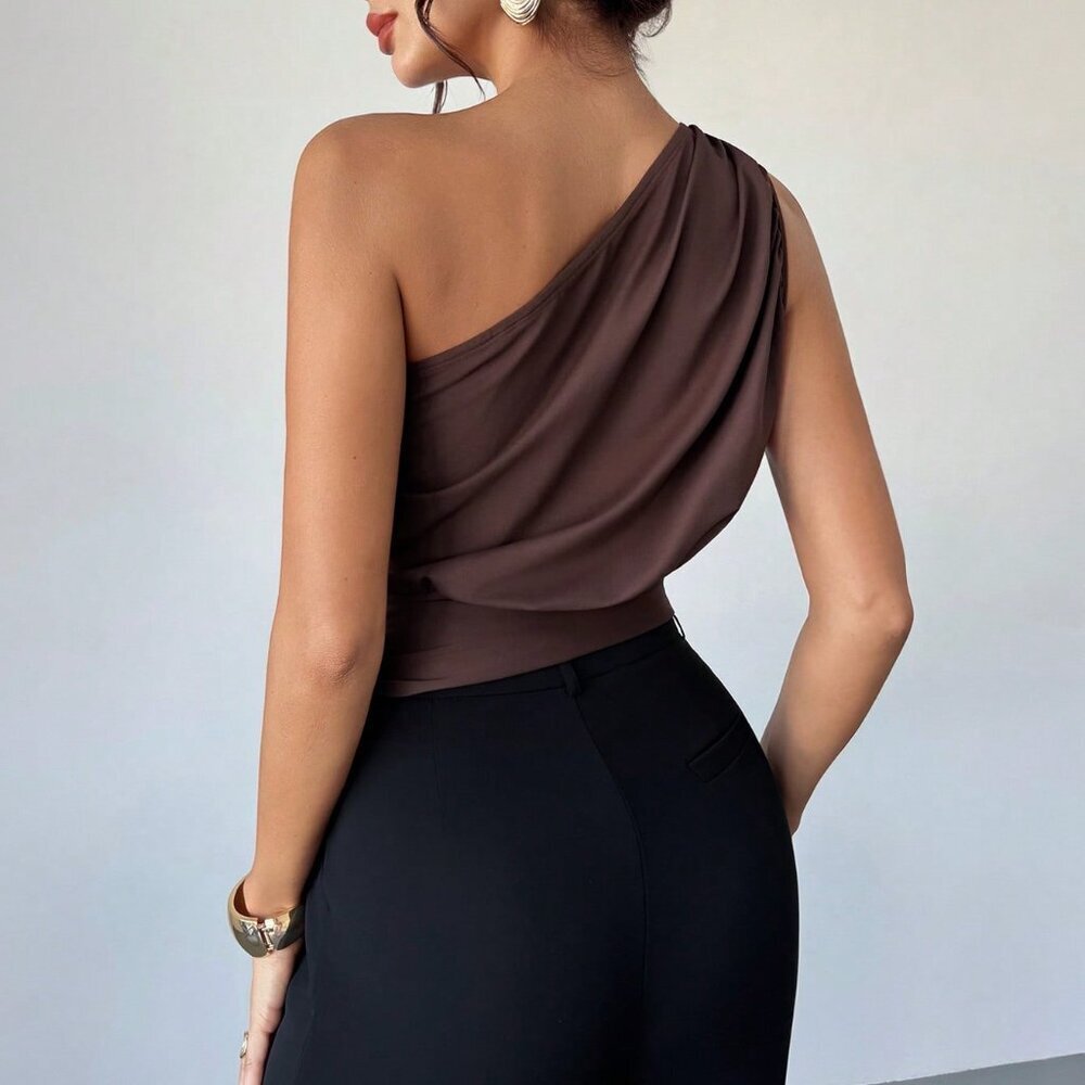 Coffee Brown Elegant Women's Romantic Urban Chic Blouse - Picture 2 of 6